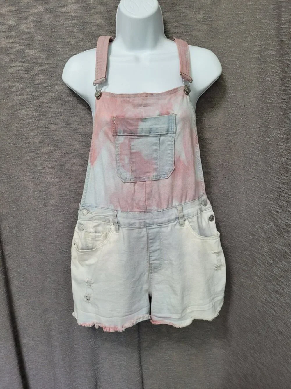 YMI Stretch Denim Shorts Bib Overalls Size 7 Tie Dye Rainbow Pink Blue Y2K Baggy